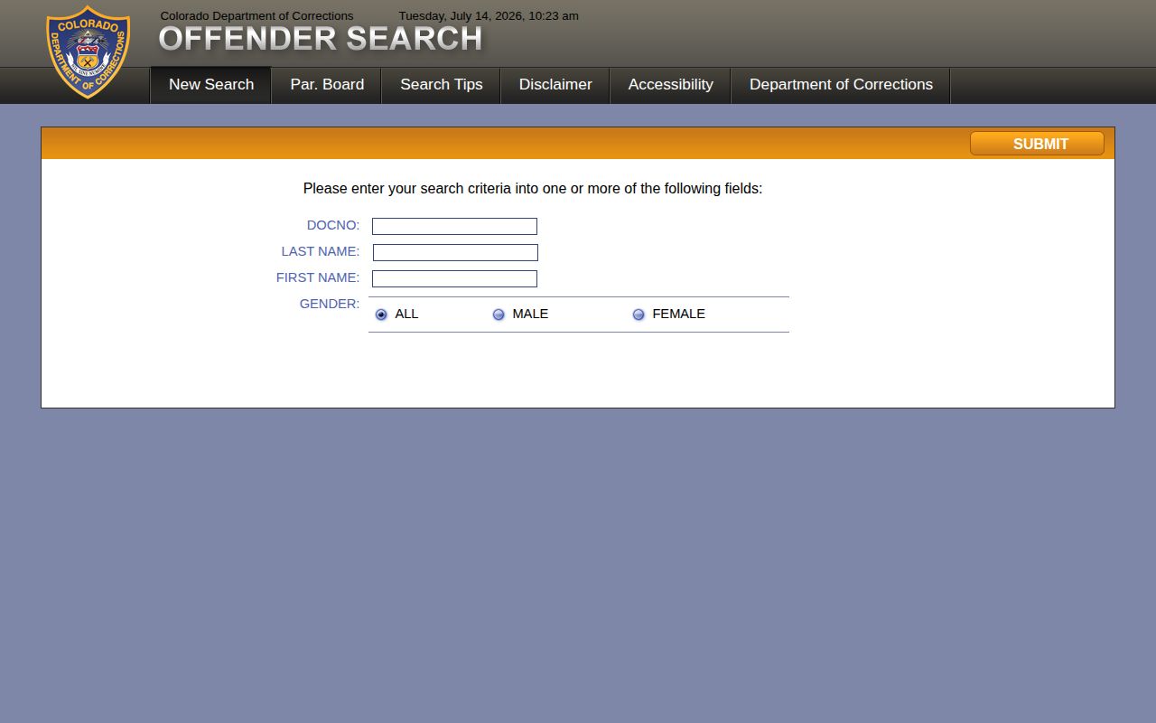 Colorado Department of Corrections Offender Search page