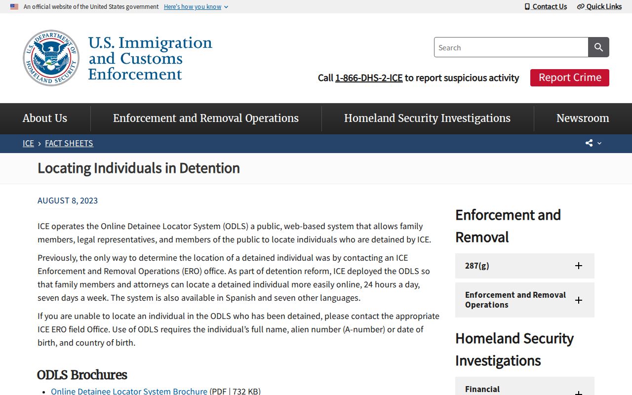 ICE factsheet for locating individuals in detention