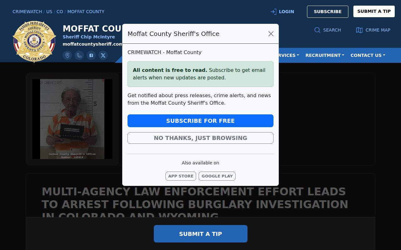 Moffat County released inmate mugshot CRIMEWATCH incident photo example